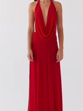 Peppermayo Red Backless Halter Cowl Maxi Dress